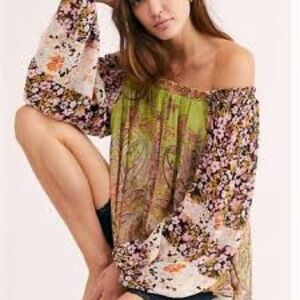 Free People Roaming Around Floral Paisley Off The Shoulder Blouse